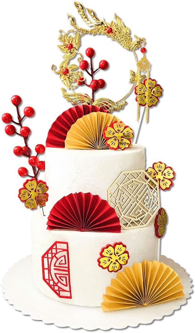 Red Series Cake Topper, Chinese Traditional Retro Style Cake Decoration, Suitable for Birthday, Graduation Celebration, Anniversary and Other Holiday Parties.