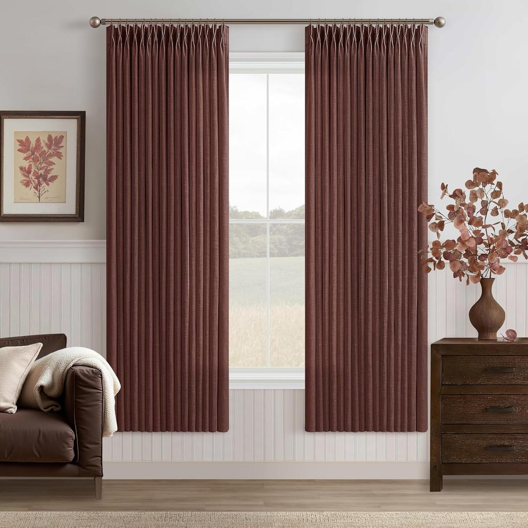 Pinch Pleated Thick Linen Curtains for Closet Cabinet 72 Inches Length Chestnut Brown Semi Sheer Linen Textured Drapes for Living Room Bedroom Rustic Memory Trained Pleat Curtain 2 Panels W50xL72