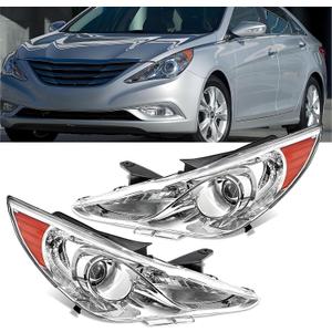 Headlights Assembly for 2011 2012 2013 2014 Hyundai Sonata (Excludes Hybrid) Halogen Headlamp Replacement Driver &Passenger Side,Chrome Housing Amber Corner