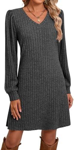 Ficerd Women's Knit Long Sleeve Sweater Dress Casual V Neck Tunic Dresses Fall Trendy Outfits Size M