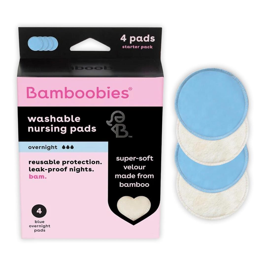 Bamboobies Overnight Nursing Pads, Ultra-Soft Velour, Reusable and Washable for Nightly Use, Leak-Proof Pads for Breastfeeding, 4 Pads