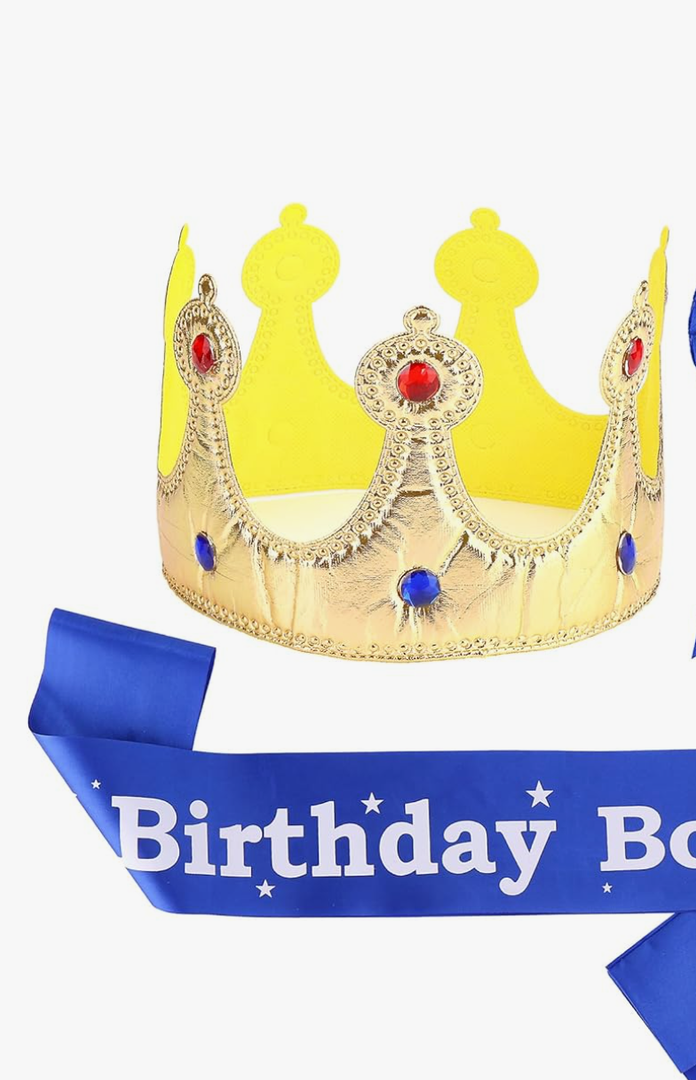 Birthday Boy Decorations Set - Crown Hat, Birthday Sash and Button Boy Pin - Photo Props Accessory Set for Birthdays Parties, Family Celebrations, Friend Gatherings