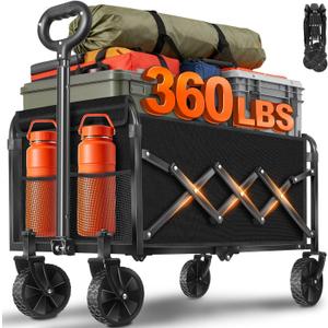 Wagons Carts Foldable  Collapsible Wagon 360Lbs, Folding Wagon Cart with Wheels, Foldable Wagons Portable for Groceries, Sports, Camping, Storage, Travel, Shopping Jet Black