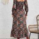 LIGHT DOT Women's Square Neck Casual Floral Dress Long Sleeve Printed Maxi Fall Dress Smocked Flowy (Orange Green,S)
