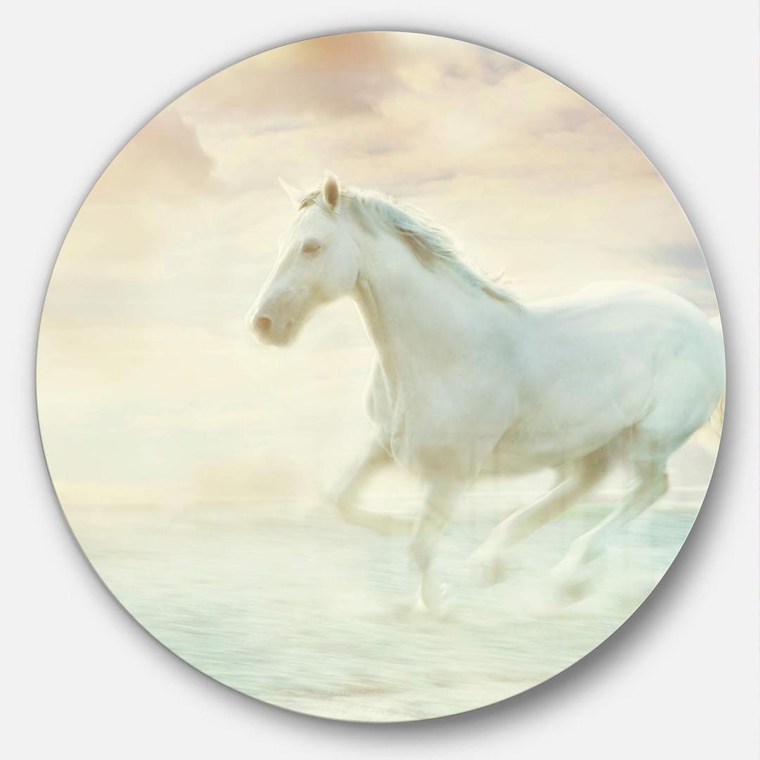 Designart Fantasy White Horse Round Metal Wall Art 23 x 23 Inch Glossy Animal Portrait Aluminum Print Modern Equine Artwork for Living Room, Bedroom, Dining Room, or Office Decor