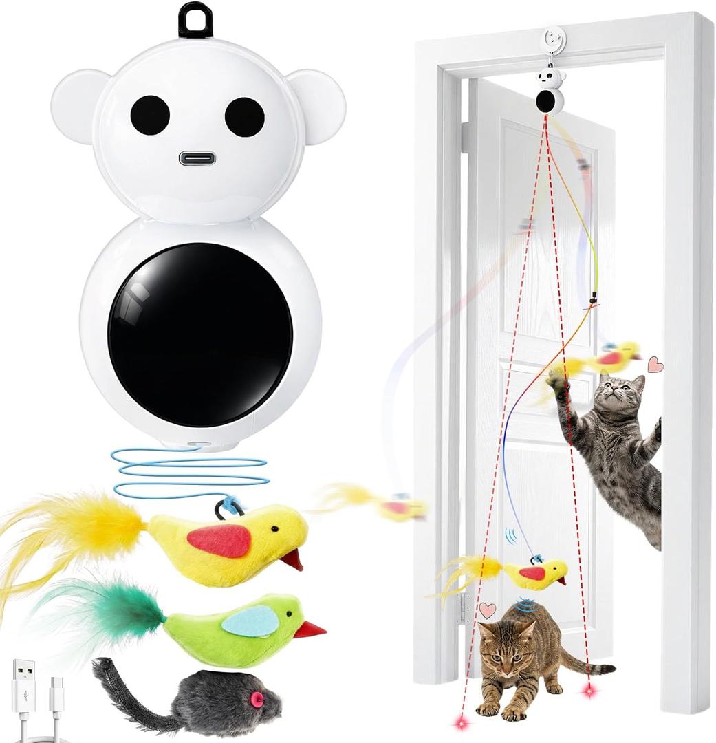 Interactive Cat Toys for Indoor Cats - 2 in 1 Automatic Laser Pointer Cat Toy with Feather Flying BirdSmart Moving Mouse Wand Toy with 2 Modes, Auto On/Off Hanging Toys for Bored Kitten & Adult Cats (White)