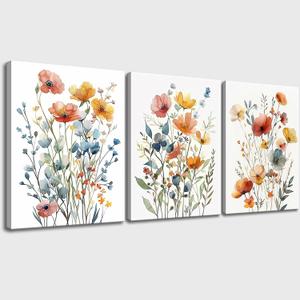 Watercolor Flowers Bathroom Canvas Wall Art, Colorful Wildflower Wall Decor Poster Prints Botanical Artwork for Living Room Bedroom Bathroom Farmhouse Decor 16x24x3pcs
