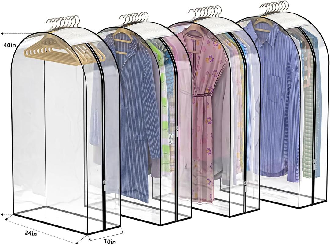 Upgraded Thickened Clear Garment Bags for Hanging Clothes 4 Packs, 10 Gusseted and 40" Clothes Protectors for Hanging Clothes for Closet, Shirts, Coats, Dresses