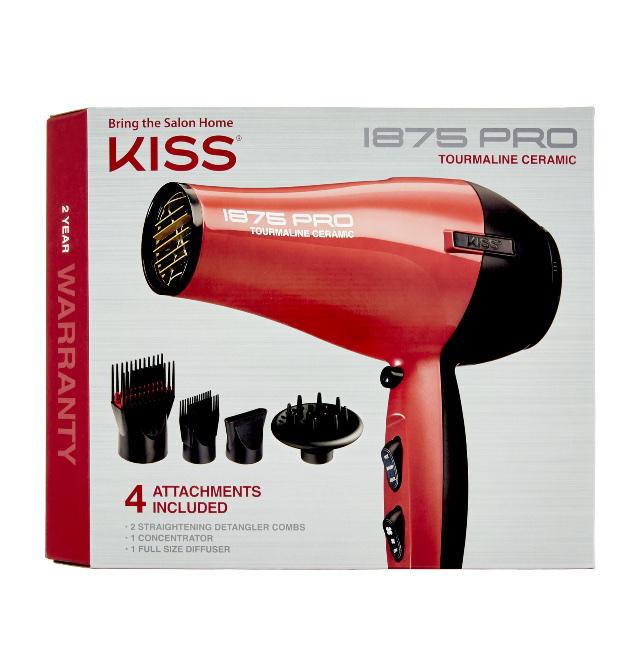 KISS Red Tourmaline Ceramic Hair Dryer with 4 Additional Styling Attachments, 1875 Watts, Red