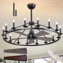 44" Wagon Wheel Chandelier with Fans, Black Wagon Wheel Ceiling Fan with 16-Lights and Remote, Farmhouse Chandelier for Living Room, Adjustable Height, 6-Speed Reversible Quiet Large Fandelier