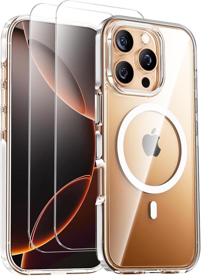 SMARTDEVIL Magnetic MagSafe Case for iPhone 16 Pro Max, Strong Magnetic Clear Shockproof Cover with 2 Screen Protectors, Ultra-Slim Anti-Yellowing Phone Case-Clear (White)