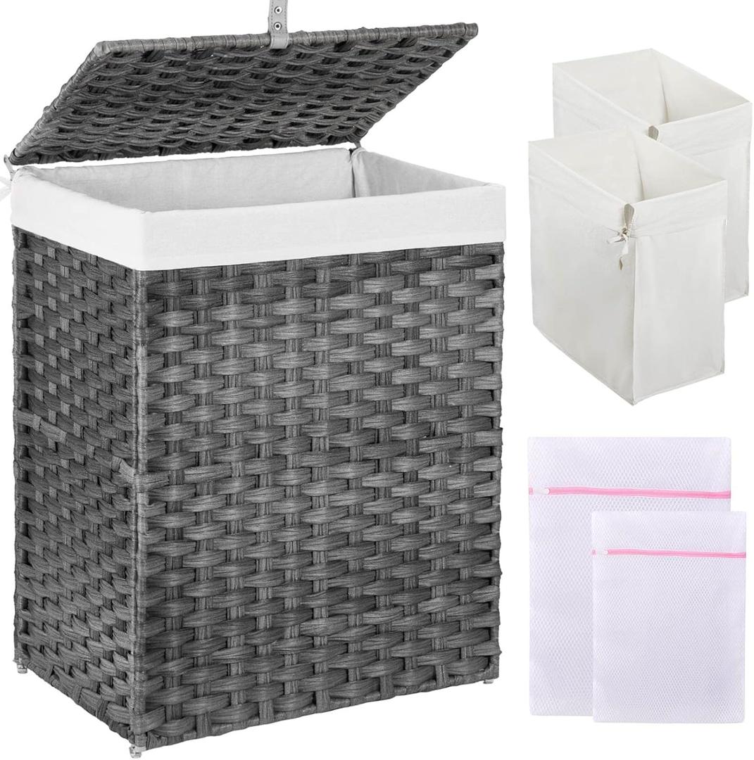 Greenstell Laundry Hamper with Lid, 90L Clothes Hamper with 2 Removable Liner Bags & 2 Mesh Laundry Bags, Handwoven Synthetic Rattan Laundry Basket for Clothes, Toys in Bathroom, Bedroom Grey (90L (18.1 x 13.0 x 23.6 inches), Gray)