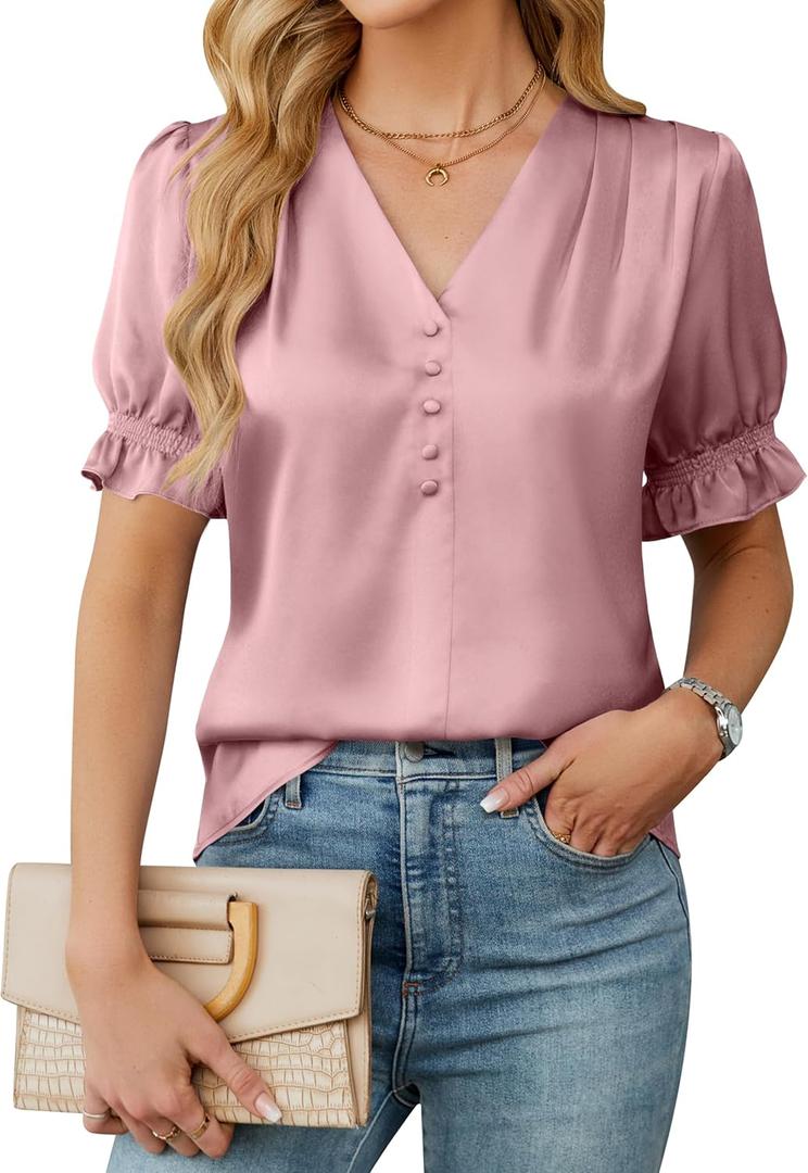 BMJL Womens Blouses Dressy Casual Satin V Neck Short Sleeve Shirts Business Casual Tops for Women (Large, Light Pink)