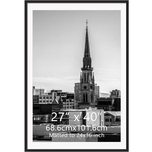 Hoikwo 27x40 Black Plastic Frame with Plastic Cover, Display Pictures 24x36 with Mat or 27x40 Without Mat, 1 Pack 27 by 40 Frame for Wall Hanging, 27x40 Matted to 24x36