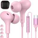 USB C Headphones for iPhone 16 15 Plus/Galaxy S25 Wired Earbuds with Microphone for Samsung S24 S23 S22 S21 S20 FE Ultra, Noise Canceling Magnetic in-Ear Type C Earpones for iPad 10th/Pixel 8a, Pink