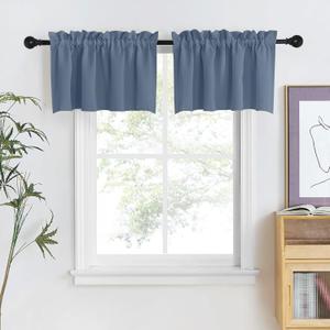 NICETOWN Stone Blue Short Valances for Kitchen, Thermal Insulated Farmhouse Window Cover Adjustable Rod Pocket 18 inches Long + 1.6 inch Header Small Valances for Office/Cafe, 2 Panels, 42" Wide