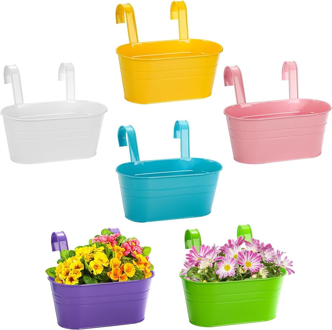 Foraineam 4 Pack Hanging Flower Pots, Metal Iron Plant Pot Holders, Garden Pots Balcony Planters, Metal Bucket Flower Holders Wall Hanging Decor Pot with Detachable Hooks for Railing Fence Balcony
