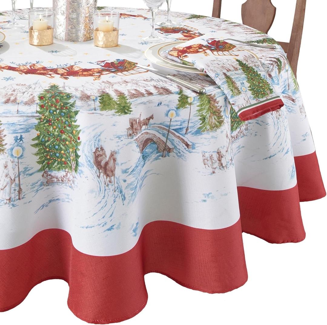Elrene Home Fashions Santa Snowy Sleighride Wrinkle Resistant Holiday/Christmas Tablecloth, 60"X84", Oval