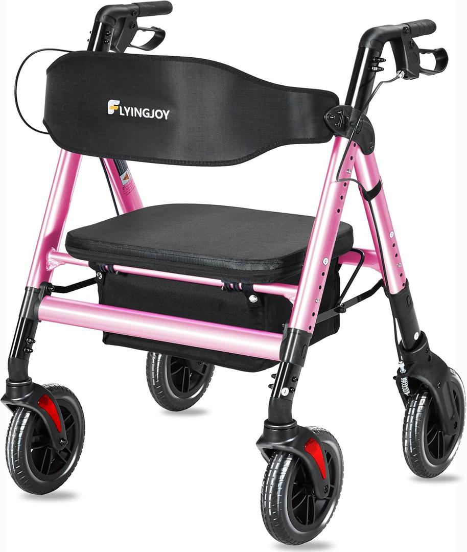 Foldable Rollator Walkers for Seniors with Seat, 450Lbs All-Terrain Walker,22" Extra-Wide Ergonomic Breathable Seat,Heavy-Duty Rolling Walker with Adjustable Brake,Backrest,Height 33"-41.5" (Pink)