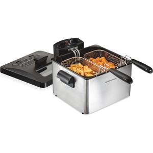 Hamilton Beach Electric Deep Fryer with 2 Baskets and Lid, 4.5 Liters / 19 Cups Oil Capacity, Temperature Control, View Window, Professional Style, 1800 Watts, Stainless Steel (35036)