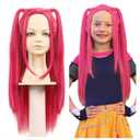 FantaLook Long Straight Hot Pink Cosplay Wig with 2 Ponytails for Halloween Party Costume Small Size
