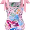 One Piece Bathing Suit for Women with Beach Cover up Wrap Skirt Swimsuit Sarong Retro Floral Print Bikini Set (Pink, XXL)