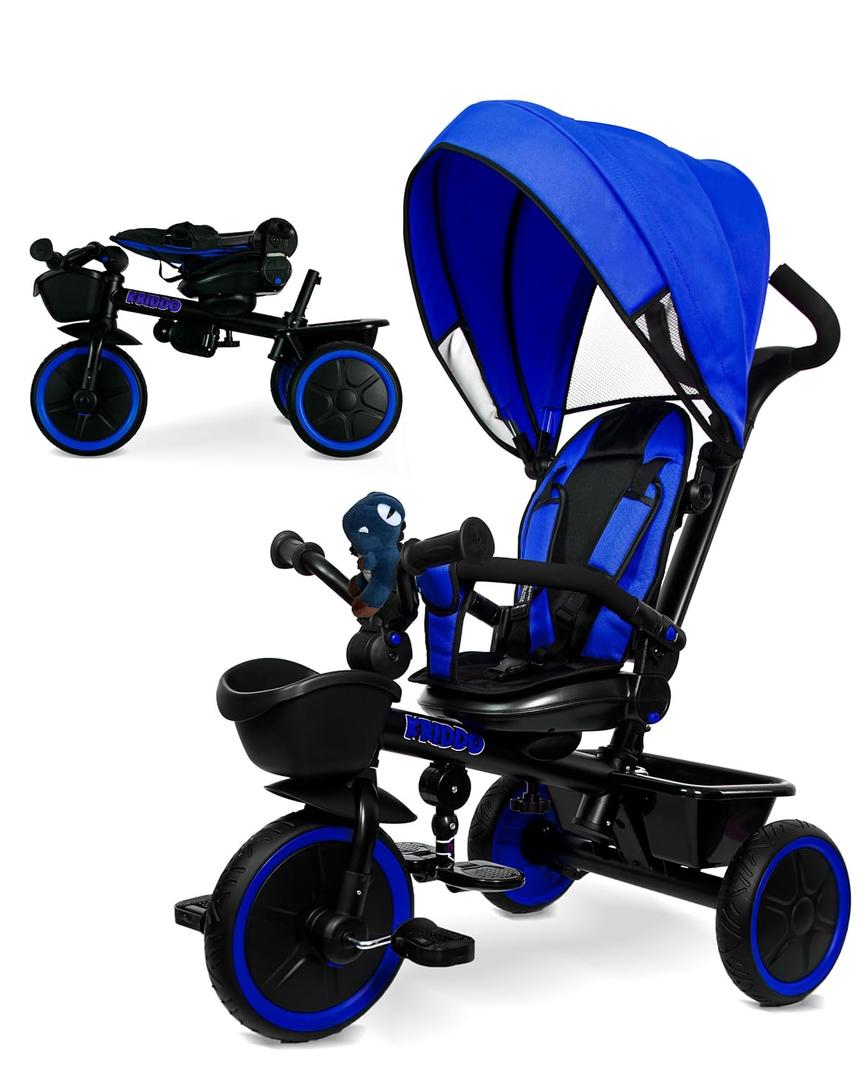 KRIDDO 7-in-1 Tricycle Stroller for Toddlers 18 Months to 5 Years, Adjustable Push Handle, Rotatable Seat, Cup Holder and Retractable Canopy, Folding Baby Trike w/Detachable Guardrail, Footrest, BU (Blue)