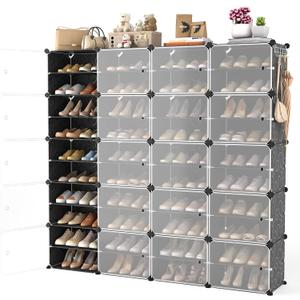 Portable Shoe Rack Organizer with Door, 80 Pairs Shoe Storage Cabinet Easy Assembly, Plastic Adjustable Shoe Storage Organizer Stackable Detachable Free Standing DIY Expandable 10 Tier Black