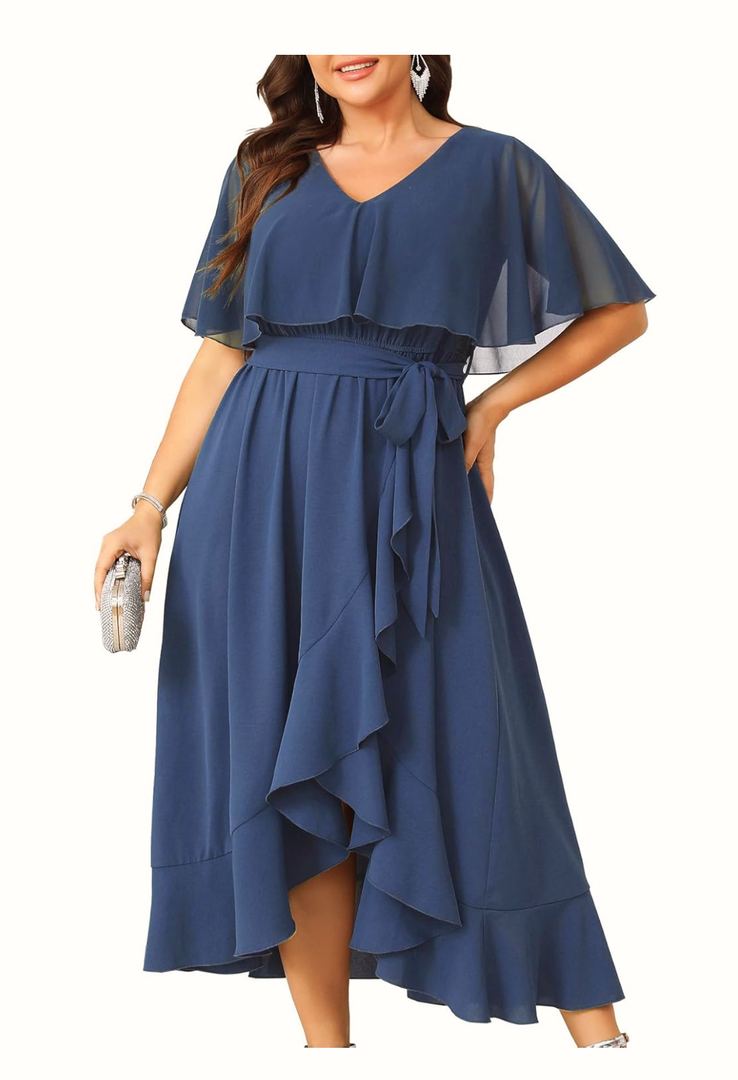 Women Plus Size Long Formal Dress Short Sleeve Chiffon Ruffle V Neck High Low Split Wedding Guest Maxi Dresses,18 W
