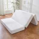 BYBYME Tri-Folding Corduroy Mattress, 6 Inches Gel Folding Mattress Topper, Foldable Soft Guest Bed Camping Pad, Washable Cover (Beige, Twin) (White)