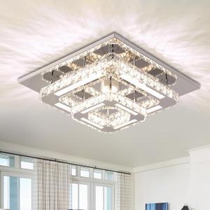 FRIXCHUR 12" Crystal Ceiling Light Crystal Chandelier LED Square Flush Mount Ceiling Light 2-Layer K9 Crystal Ceiling Fixture for Bedroom Living Room Dining Room Hallway Staircase Kitchen Closet