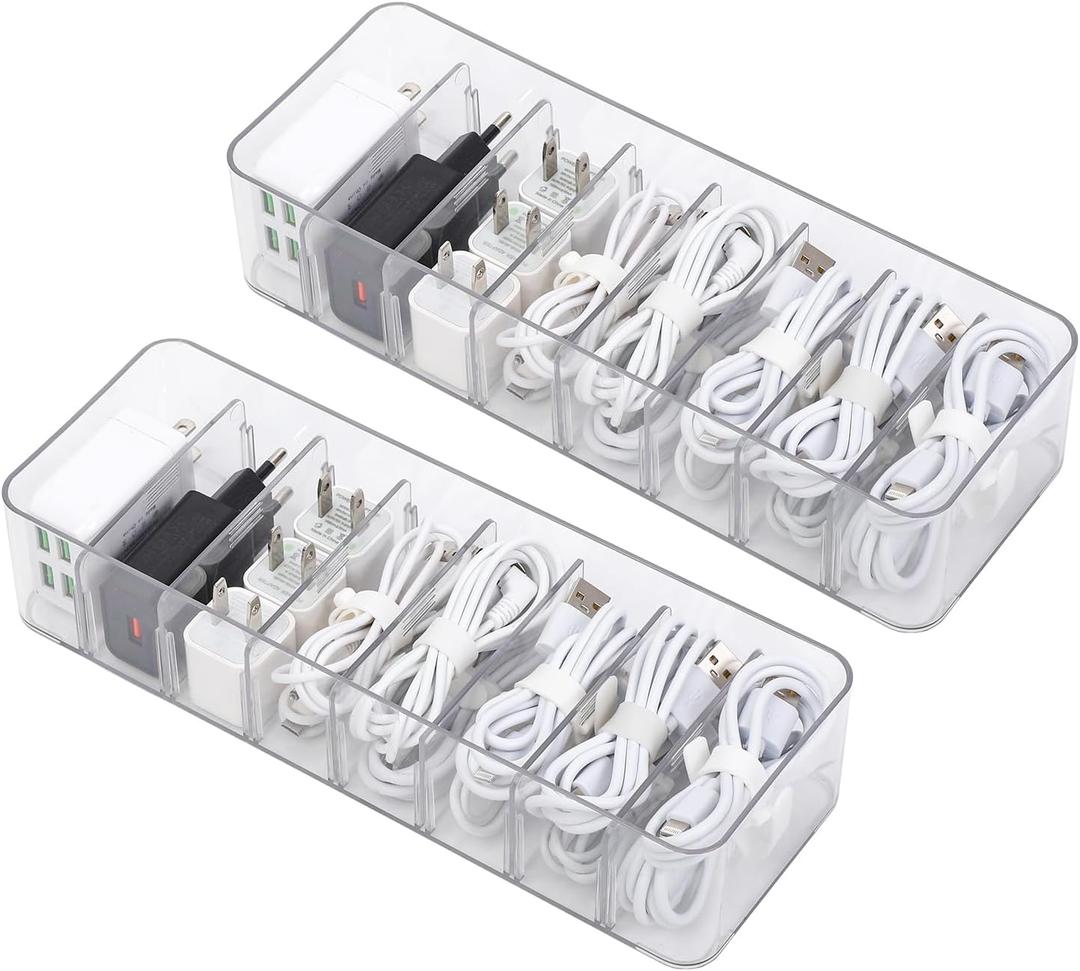 Yesesion 2 Pack Plastic Cable Management Box with Removable Dividers, Clear Cord Storage Organizer with 20 Wire Ties for Desk Drawer, Office Supplies, Electronic Accessories, Battery, Phone Charger