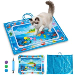 Cat Water Mat with Protective Bag, Scratch Resistant Thickened PVC Water Play Mat, Summer Cooling Interactive Water Filled Mat, Portable Foldable Paw Proof Cat Toy Mat for Indoor Outdoor (A)