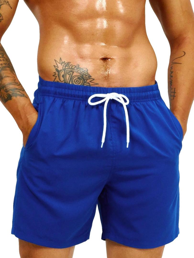 SweatyRocks Men's Drawstring Waist Swim Trunks Solid Bathing Suits Shorts with Pockets (Royal Blue)