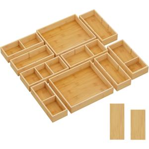 Lifewit Drawer Organizers 10 Pack(22 Grid) with 12 Inserts, Adjustable Bamboo Wooden Drawer Dividers, Stackable Storage Box for Utensils, Silverware, Makeup, Junk in Kitchen/Bathroom/Office/Vanity