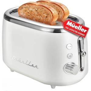 MUELLER HOME Retro Toaster 2 Slice, 7 Browning Levels, 3 Functions (Reheat, Defrost, Cancel), Stainless Steel Features, Removable Crumb Tray, Under Base Cord Storage, White