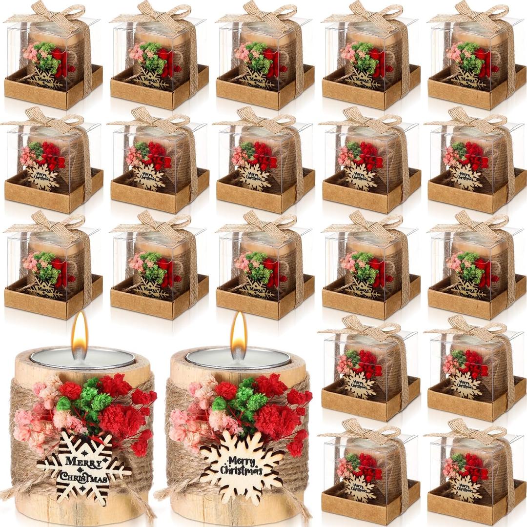 MTLEE 20 Sets Baptism Candle Favors for Guests Wooden Candle Holders with Tealight Candles Tags and Gift Boxes for Baptism Wedding Party Baby Shower Souvenirs(Multicolor,Snowflake)