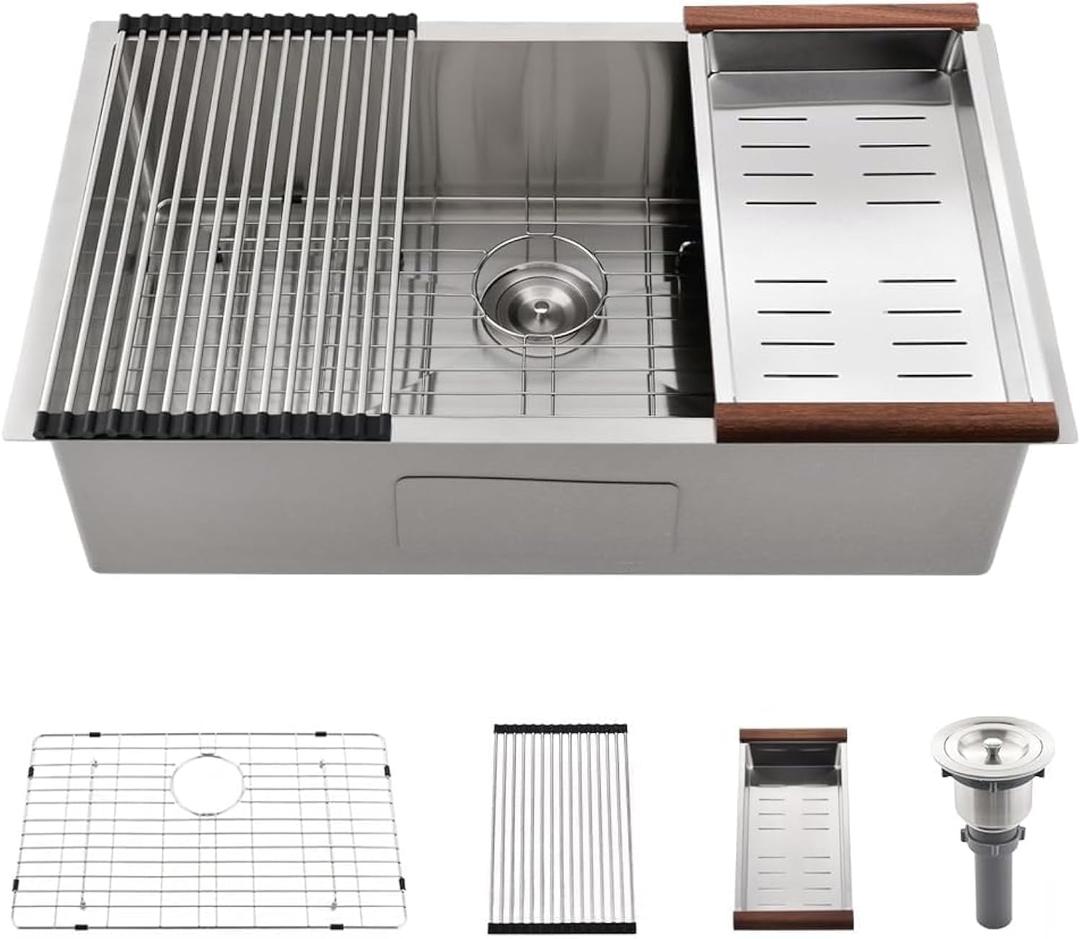 33 Inch Undermount Kitchen Sink, 33x19 Stainless Steel Kitchen Sink 18 Gauge 10" Deep Single Bowl Under Mount Sink Kitchen with Colander&Drain