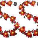 2 Pcs Christmas Glitter Artificial Poinsettia Garland 6.5 ft 10 LEDs Faux Flower Xmas String Lights Poinsettia Garland with Lights Gold Berries Holly Leaves for Indoor Outdoor Decor (Red)