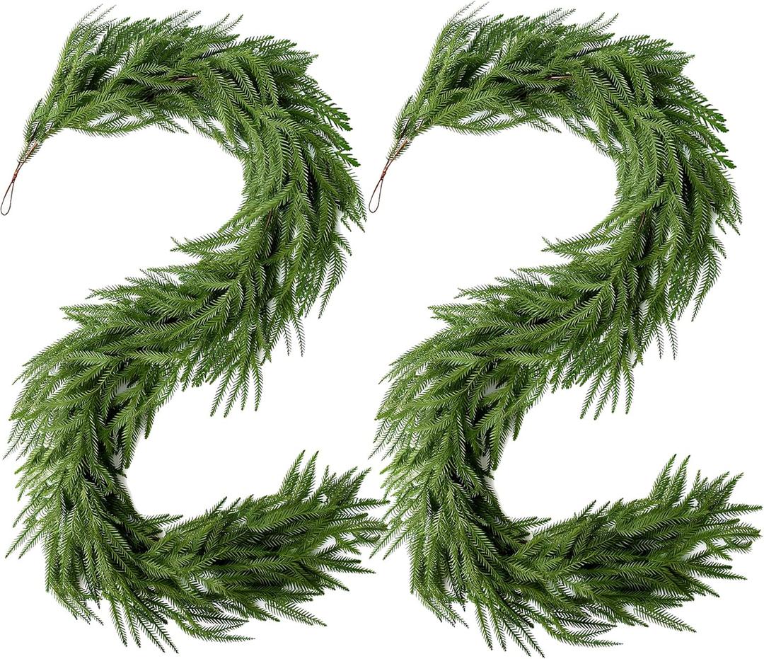 2Pcs Christmas Norfolk Pine Garlands, 6Ft Real Touch Artificial Faux Winter Dense Greenery Garland for Table Mantle Fireplace Wall Fence Stair Window Xmas Wreath Indoor Outdoor Holiday Decoration