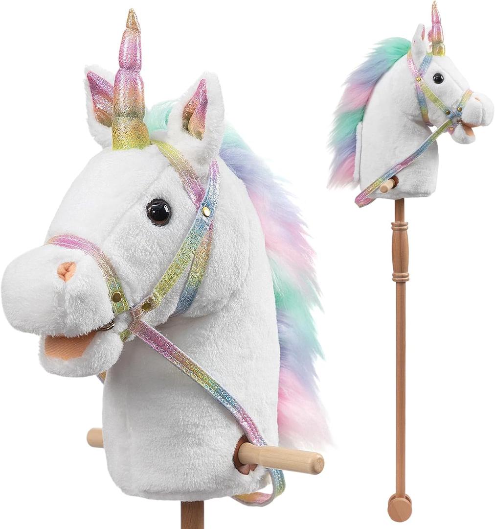 HollyHOME Unicorn Stick Horse with Wood Wheels Real Pony Neighing and Galloping Sounds Unicorn Hobby Horse with Rainbow Glitter Bridle, White 36 Inches(AA Batteries Required)