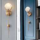 Alabaster Wall Sconces 23.6" Mid Century Modern Wall Light Brass Double Discs Natural Marble Sconce Wall Decor Gold Wall Lamp for Living Room Bedroom Hallway Entryway (E12 Bulb Included)