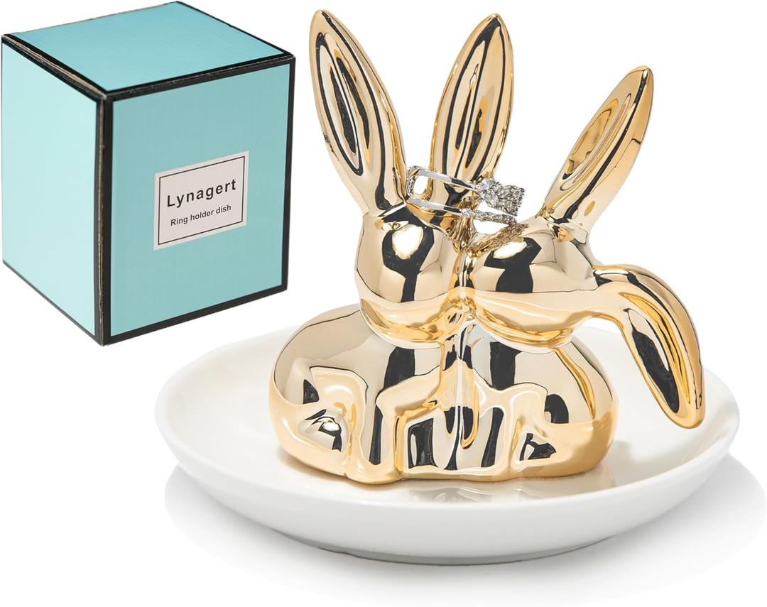 Bunny Ceramic Rabbit Jewelry Holder Dish - Trinket Tray for Rings, Earrings, Necklace Organizer, Wedding Engagement Ring Holder (Golden)