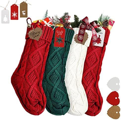 RFAQK 18 Inches Large Christmas Stockings 3 Pack - Burgundy Red, Ivory White, Green - Stretchable Knitted Xmas Stockings with 50Pcs Personalizeable Gift Tags for Family Holiday Christmas Décor