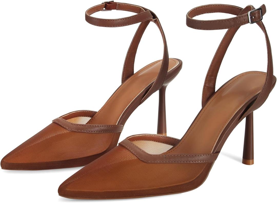 Closed Toe Mesh Heels for Women Pointed Toe Ankle Strap Stiletto Heeled Sandals Wedding Evening Dress Pumps Shoes (10)