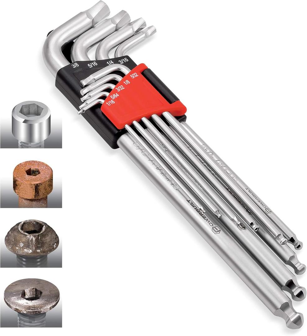 Powerbuilt 9 Piece SAE Hex Key Wrench Set for  Fasteners, Standard, Grip Rusted, Rounded Bolts, Long End - Zeon Series 240096