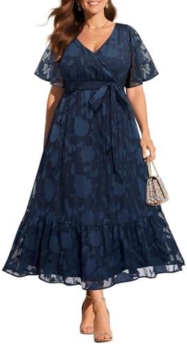 Pinup Fashion Plus Size Dresses for Wedding Guest - 2025 Cocktail Semi Formal Summer Wrap V Neck Maxi Dress Size 26W, Navy Blue 