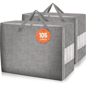 2 Pack 105L Comforter Storage Bags, Extra Large Bedding Storage Bags with Clear Window, Reinforced Handles & Zippers, Foldable Closet Organizers for Blanket Pillow Clothes