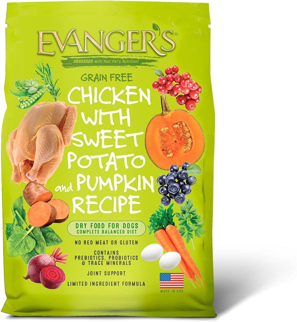 Evanger's Grain Free Chicken with Sweet Potato & Pumpkin Dry Food for Dogs  16.5 lb Bag  Deboned Chicken, Omegas 3 & 6, Probiotics  All Life Stages Formula (EXP 02/11/27)