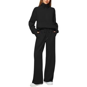Casly Lamiit Lounge Sets for Women Trendy Half Zip Sweatshirt Wide Leg Sweatpants Lounge Matching Set Tracksuit Sweatsuit 2025 Fall Winter Clothes Set 2 Piece Outfits Black M